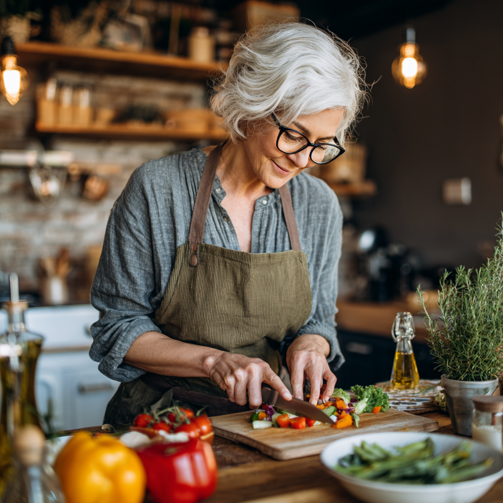 Mature woman preparing nutritious meal following personalized meal plan at home kitchen