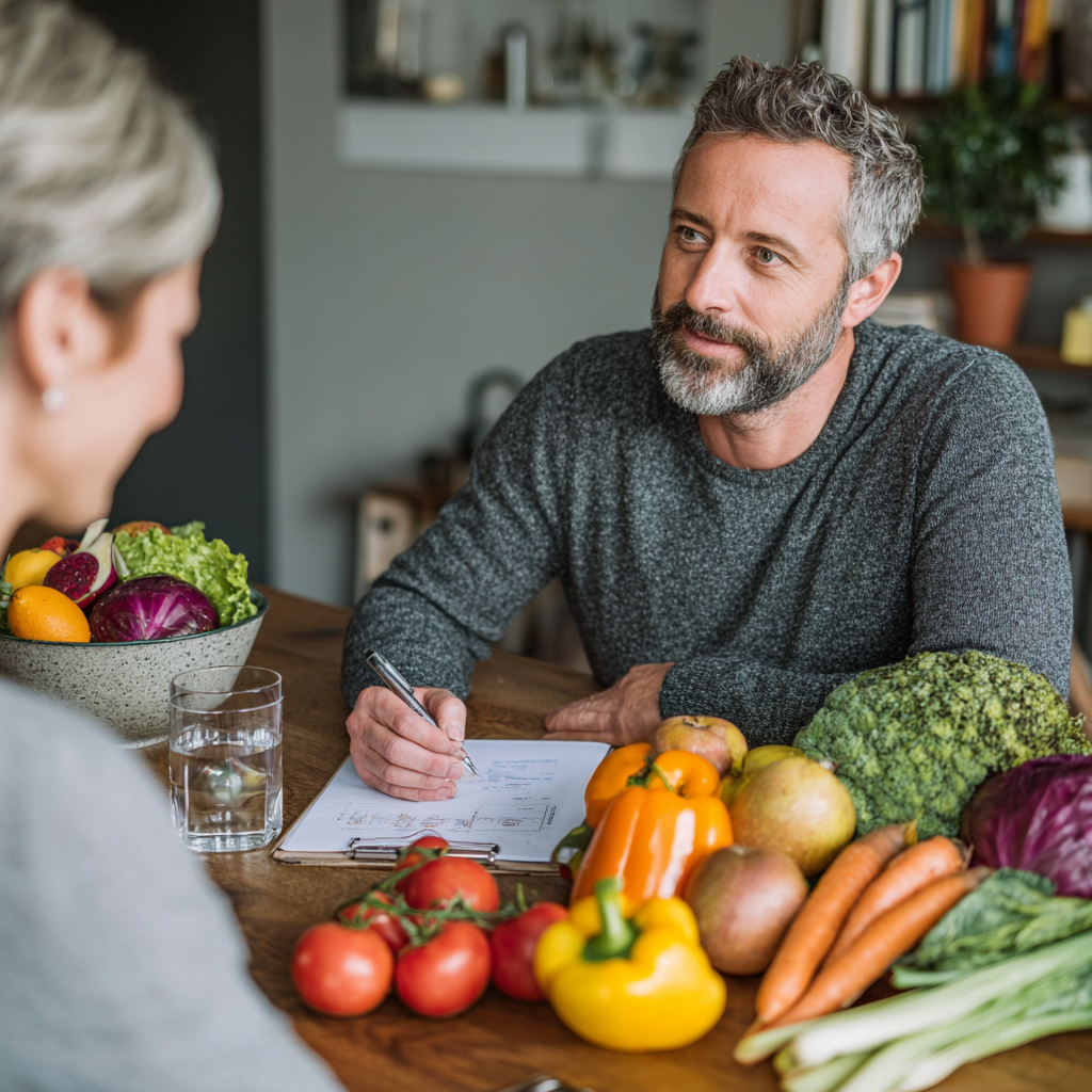 Middle-aged nutritionist consulting with adult client about healthy eating plan